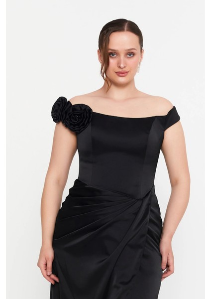 Kadın Düşük Kol Derin Yırtmaçlı Maxi Abiye Elbise 7081 Siyah modelleri