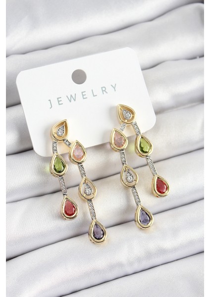 Pirinç Çoklu Damla Model Karşık Zirkon Taşlı Gold ve Gümüş Renk Kadın Küpe