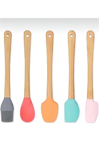5&#39;li Renkli Ahşap Saplı Silikon Uçlu Spatula Fırçalı Kaşık Seti Yemek Hazırlık Seti 21 cm