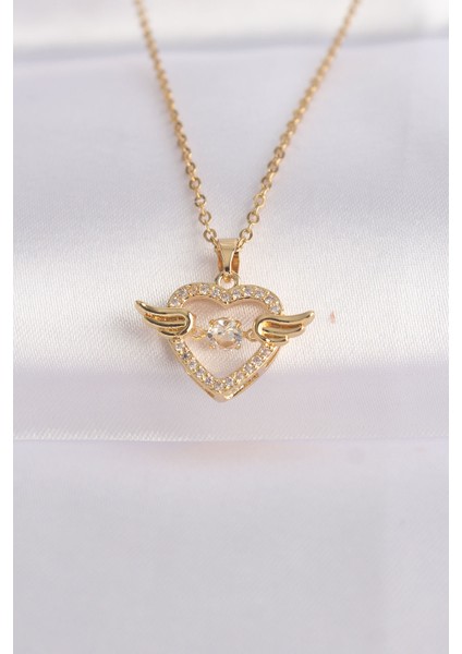 316L Çelik Zincir Altın Renk Zirkon Taşlı Kanatlı Kalp Ke