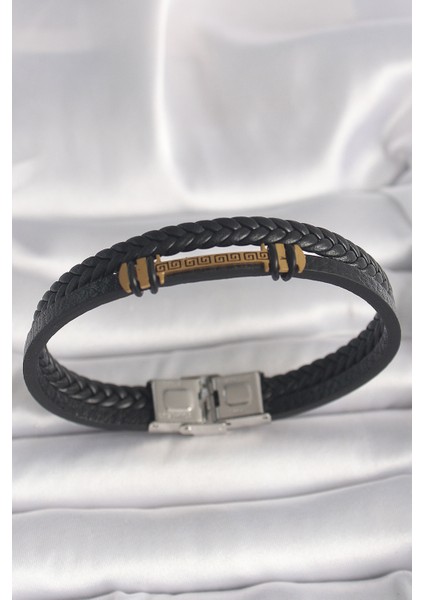 316L Çelik Gold Renk Zikzak Işlemeli Aksesuarlı Çift Sıra Burgu Desenli Deri Kordon Erkek Bileklik