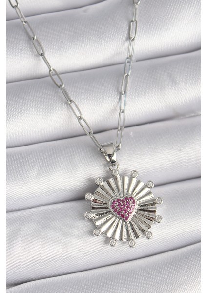 316L Çelik Gümüş Renk Pembe Zirkon Taşlı Kalp Işleme Madalyon Model Kadın Ke