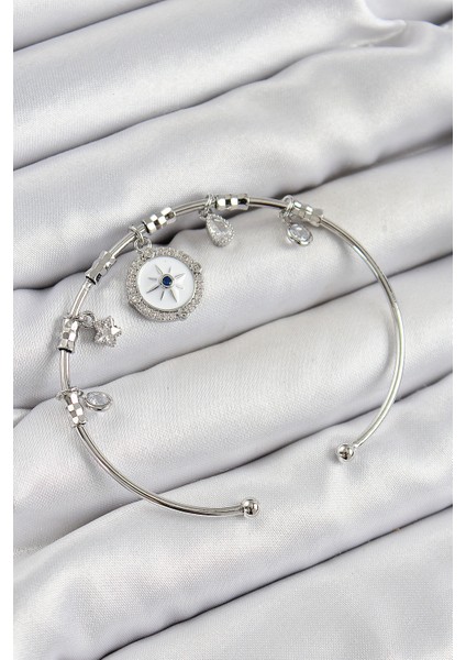 Pirinç Zirkon Taşlı Pusula Model Gümüş Renk Charm Bileklik