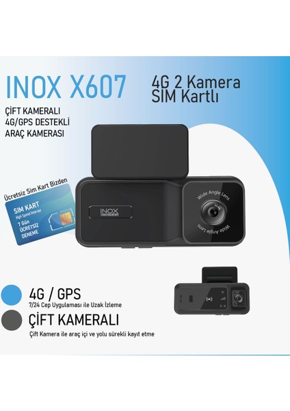 İNOX-X607 4g Gps Destekli Çift Yönlü Araç Içi Kamera fiyatları