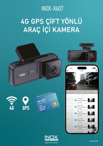 İNOX-X607 4g Gps Destekli Çift Yönlü Araç Içi Kamera modelleri