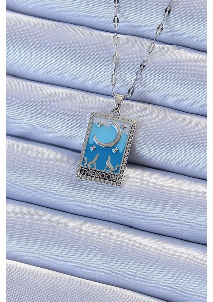 316L Çelik Zincir Gümüş Renk Mavi Mineli Ay Figür Tarot Ke