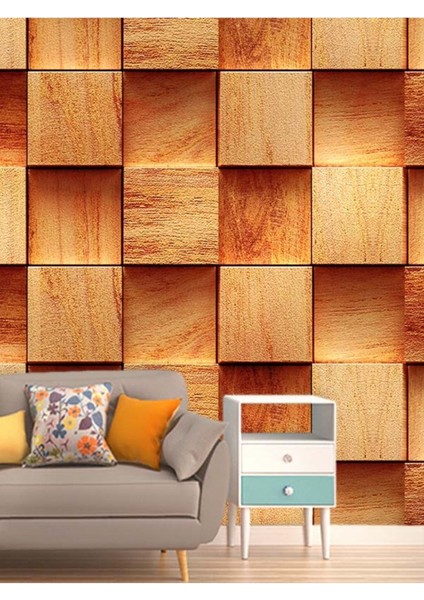 3 Boyutlu Ahşap Küp Desenli Isı ve Ses Yalıtımlı Sağlıklı Tekstil Duvar Kağıdı