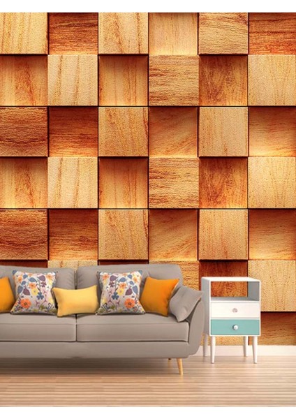3 Boyutlu Ahşap Küp Desenli Isı ve Ses Yalıtımlı Sağlıklı Tekstil Duvar Kağıdı fiyatları