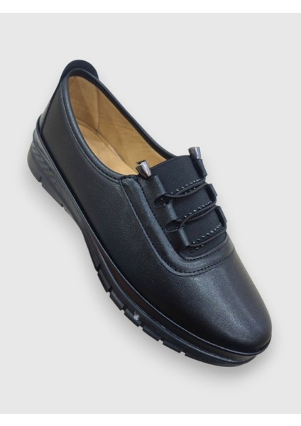 Dues 449 Siyah Ortopedik Taş Detaylı Lastikli Hafif Rahat Kadın Günlük Anne Ayakkabı