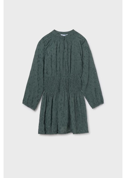 Kız Çocuk Normal Kalıp Beli Gipeli Dokulu Şifon Elbise - Yeşil