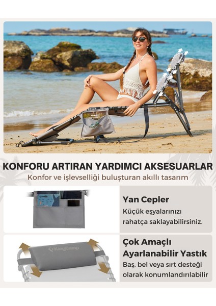 Kingcamp Magnolia B10 Plus Hands-Free Premium 7 Kademeli Katlanır Şezlong Grey