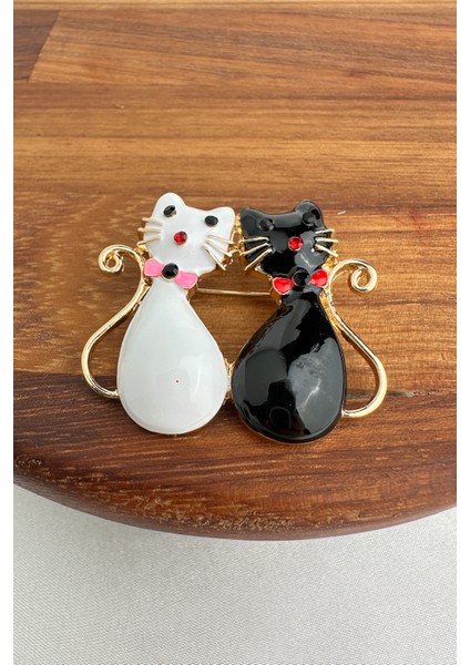Siyah Beyaz Mineli Papyon Detay Ikili Kedi Broş (4cm) modelleri