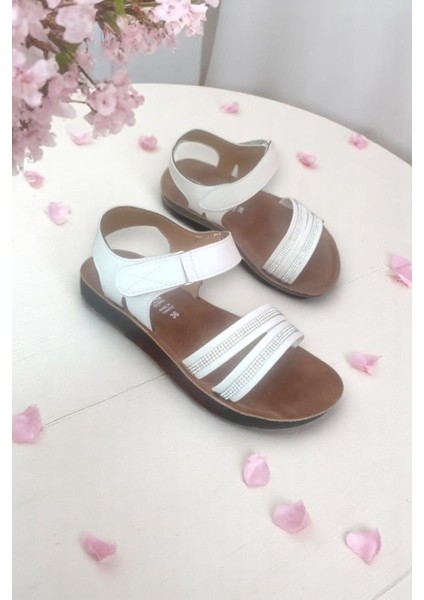 61003 Beyaz Taş Detaylı Günlük Kadın Sandalet