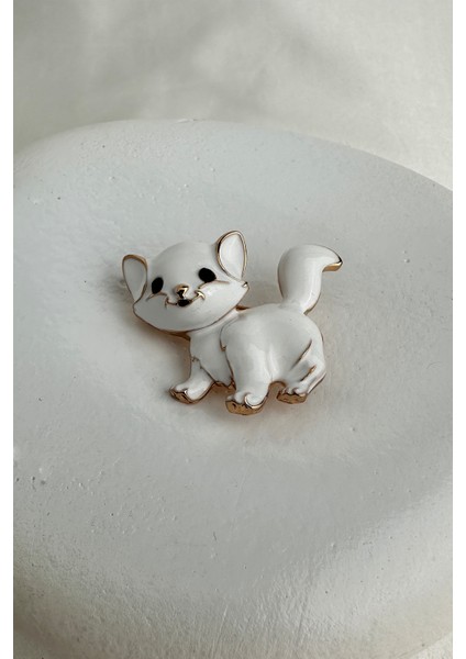 Altın Rengi Beyaz Mineli Sevimli Kedi Broş (3cm)
