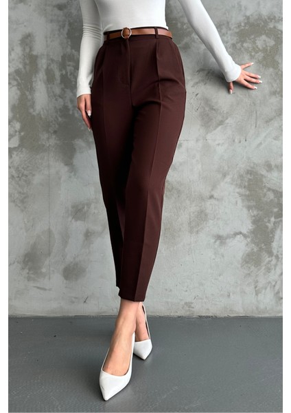 Kadın Dar Paça Pileli Kemerli Mevsimlik Kumaş Pantolon Kahve Kahve / 40