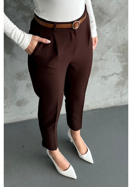 Kadın Dar Paça Pileli Kemerli Mevsimlik Kumaş Pantolon Kahve Kahve / 40 fırsatları