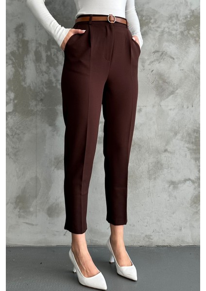 Kadın Dar Paça Pileli Kemerli Mevsimlik Kumaş Pantolon Kahve Kahve / 40 indirimleri