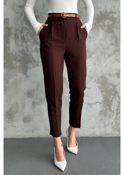 Kadın Dar Paça Pileli Kemerli Mevsimlik Kumaş Pantolon Kahve Kahve / 40