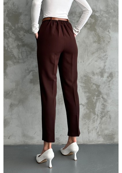 Kadın Dar Paça Pileli Kemerli Mevsimlik Kumaş Pantolon Kahve Kahve / 40