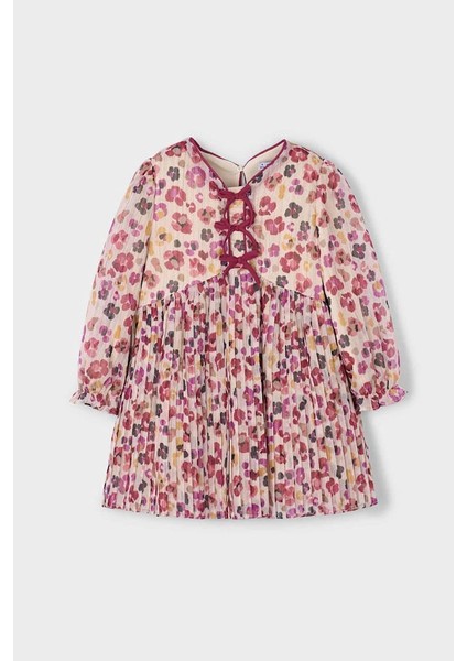 Kız Çocuk Rahat Kalıp Çiçek Desenli Piliseli Şifon Elbise - Vişne