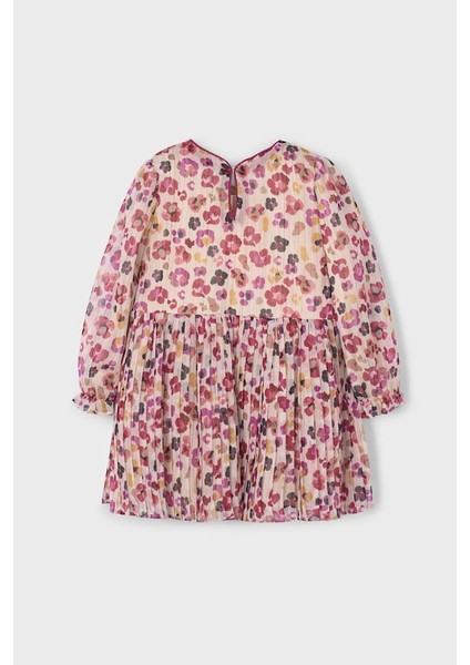 Kız Çocuk Rahat Kalıp Çiçek Desenli Piliseli Şifon Elbise - Vişne fiyatları