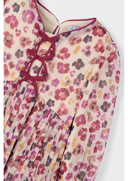 Kız Çocuk Rahat Kalıp Çiçek Desenli Piliseli Şifon Elbise - Vişne modelleri