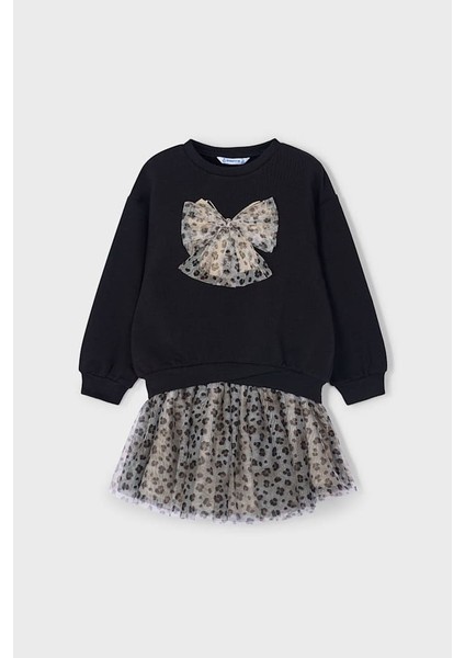 Kız Çocuk Normal Kalıp Leopar Desenli Tül Etekli 2'li Takım - Siyah