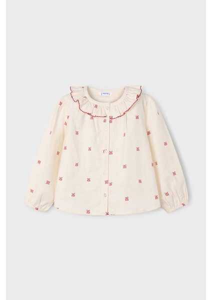 Kız Çocuk Normal Kalıp Işleme Detaylı Fırfırlı Yaka Bluz - Krem