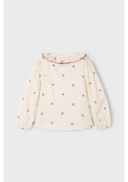 Kız Çocuk Normal Kalıp Işleme Detaylı Fırfırlı Yaka Bluz - Krem fiyatları