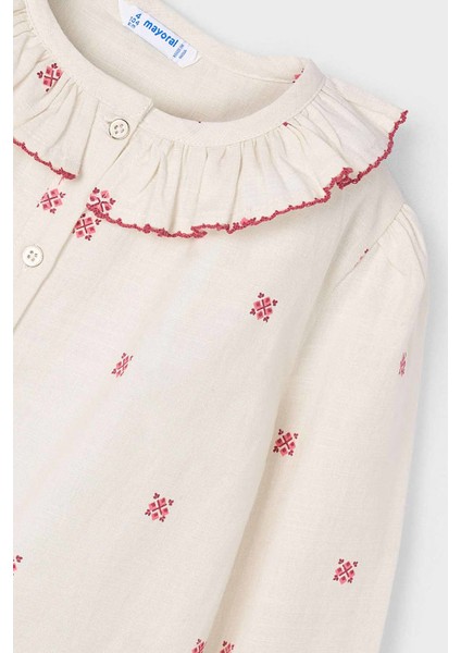 Kız Çocuk Normal Kalıp Işleme Detaylı Fırfırlı Yaka Bluz - Krem modelleri