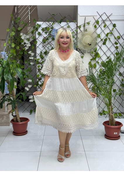 NC10938 Italyan Pul Payetli Yarım Kol Midi Ipek Elbise Bej