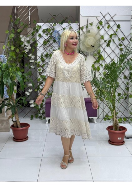 NC10938 Italyan Pul Payetli Yarım Kol Midi Ipek Elbise Bej fiyatları