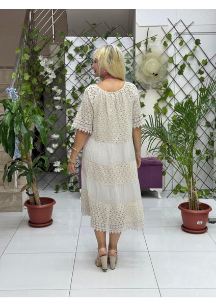 NC10938 Italyan Pul Payetli Yarım Kol Midi Ipek Elbise Bej fırsatları