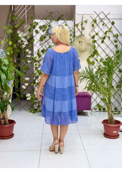 NC10453 Italyan Yarım Kol Omuz Pencereli Dantelli Coton Elbise Mavi indirimleri