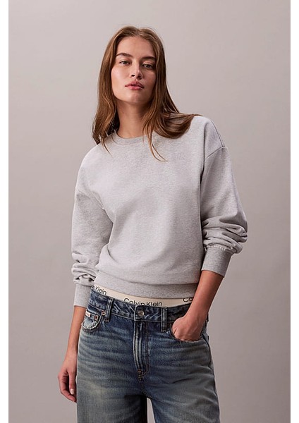 Kadın Rahat Kalıp Bisiklet Yaka Sweatshirt - Gri Melanj