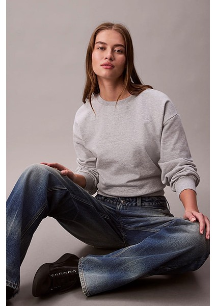 Kadın Rahat Kalıp Bisiklet Yaka Sweatshirt - Gri Melanj indirimleri