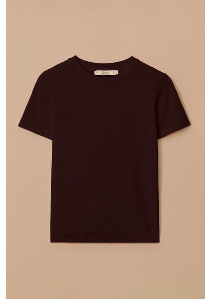 Kadın Yuvarlak Yaka Kısa Kollu Basic T-Shirt - Kahverengi indirimleri