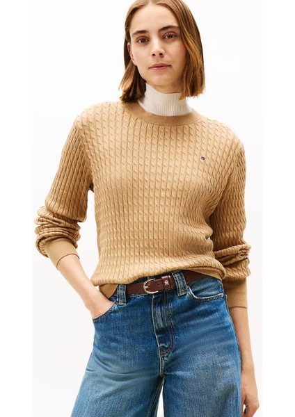 Kadın Bisiklet Yaka Saç Örgülü Pamuklu Triko Kazak - Camel