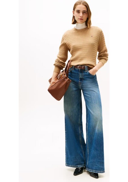 Kadın Bisiklet Yaka Saç Örgülü Pamuklu Triko Kazak - Camel fiyatları