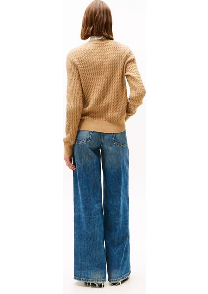 Kadın Bisiklet Yaka Saç Örgülü Pamuklu Triko Kazak - Camel modelleri