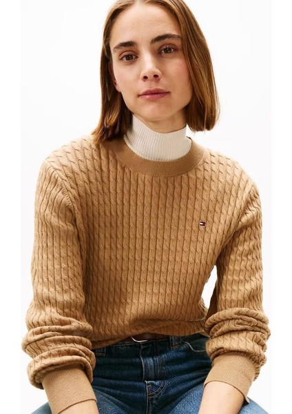 Kadın Bisiklet Yaka Saç Örgülü Pamuklu Triko Kazak - Camel fırsatları