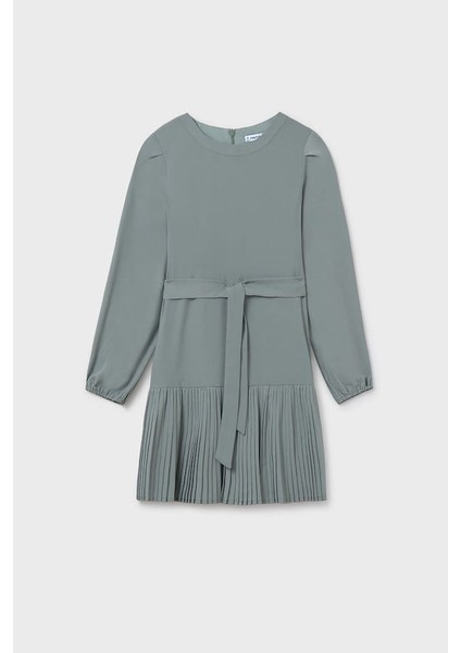 Kız Çocuk Normal Kalıp Eteği Piliseli ve Beli Kuşaklı Elbise - Adaçayı Yeşili