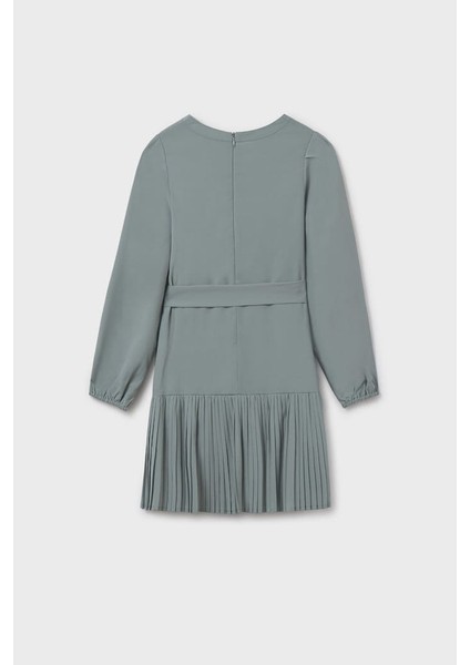 Kız Çocuk Normal Kalıp Eteği Piliseli ve Beli Kuşaklı Elbise - Adaçayı Yeşili fiyatları