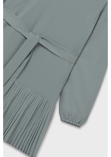 Kız Çocuk Normal Kalıp Eteği Piliseli ve Beli Kuşaklı Elbise - Adaçayı Yeşili modelleri