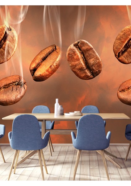 Cafe Kahve Çekirdekleri Desenli Isı ve Ses Yalıtımlı Sağlıklı Tekstil Duvar Kağıdı