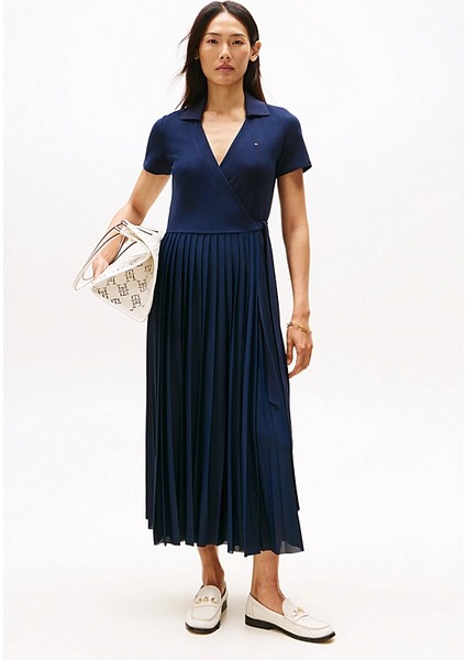 Kadın 1985 Midi Kruvaze Eteği Piliseli Polo Elbise - Lacivert