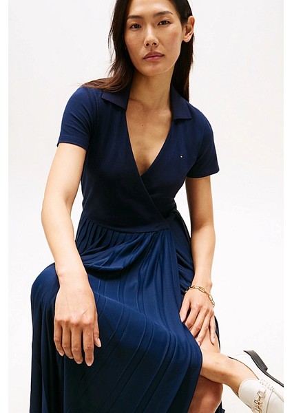 Kadın 1985 Midi Kruvaze Eteği Piliseli Polo Elbise - Lacivert modelleri