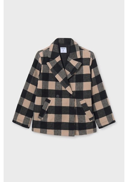 Kız Çocuk Normal Kalıp Kruvaze Yaka Jakarlı Ekose Kaban - Bej