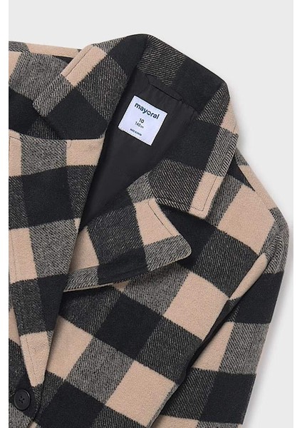 Kız Çocuk Normal Kalıp Kruvaze Yaka Jakarlı Ekose Kaban - Bej modelleri