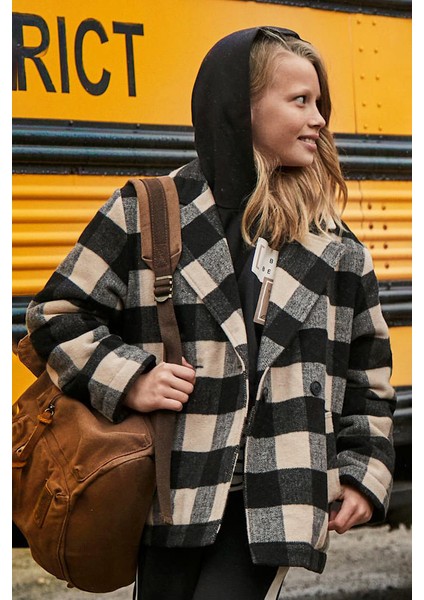 Kız Çocuk Normal Kalıp Kruvaze Yaka Jakarlı Ekose Kaban - Bej fırsatları